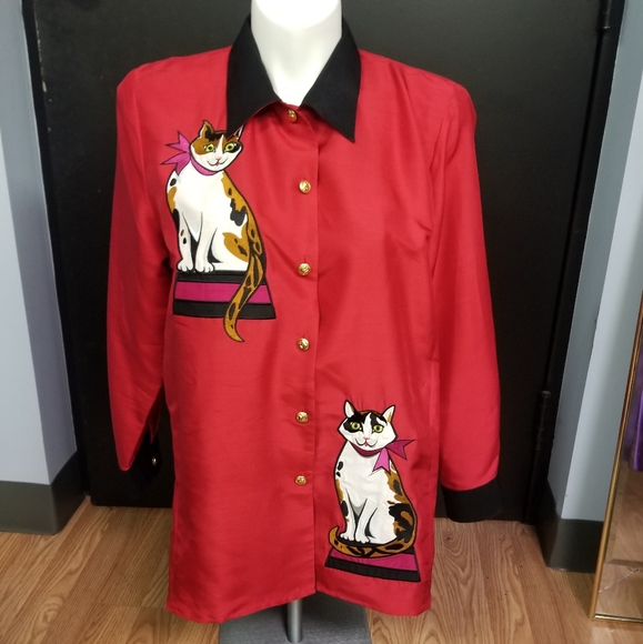 Bob Mackie Tops - Bob Mackie Wearable Art silk cat blouse size large